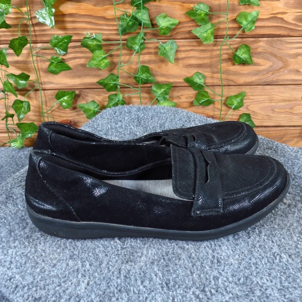 Clarks Ayla Form Womens Penny Loafer Sz 9 Comfort Walking Black Shimmer Textile
